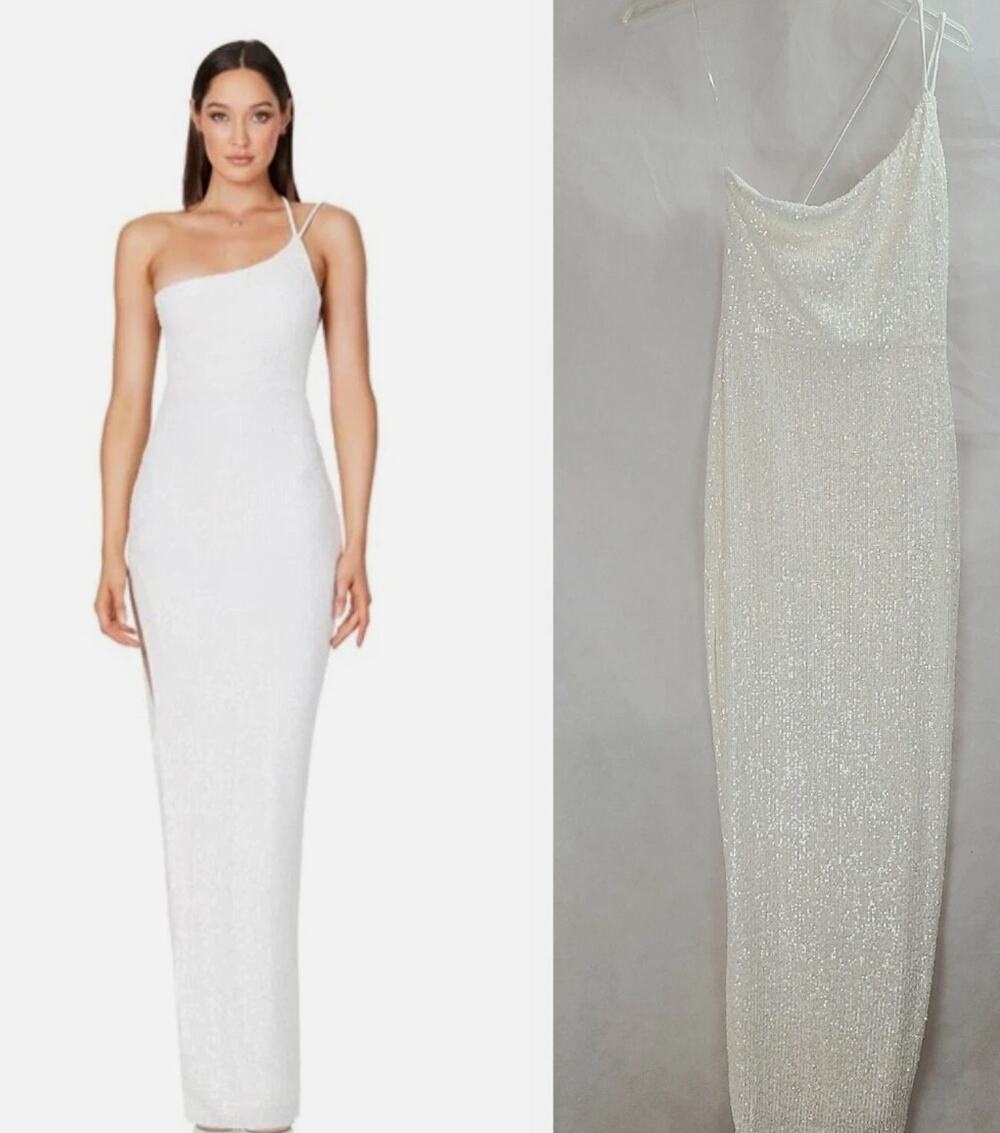 New NWOT Nookie Veda Gown White Medium Sequin One shoulder